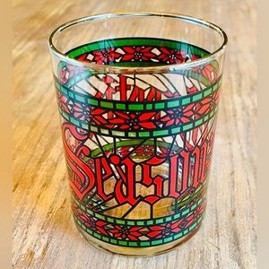 1 Vintage Houze 'Seasons Greetings' Glass Drink Tumbler; Red & Green w/Gold Rim